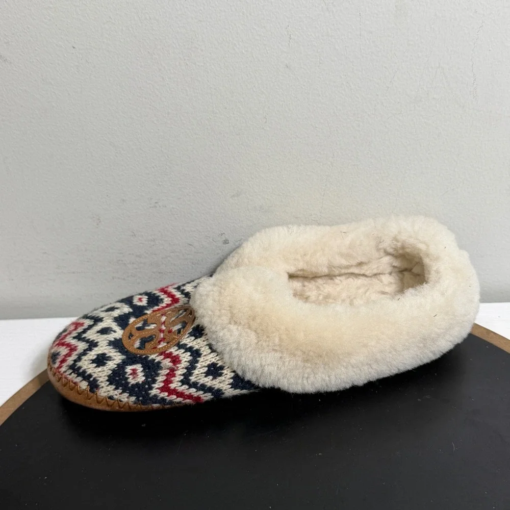 Tory Burch Shearling Slippers Women US 8 Fair Isle Knit Cozy House Shoes Indoors